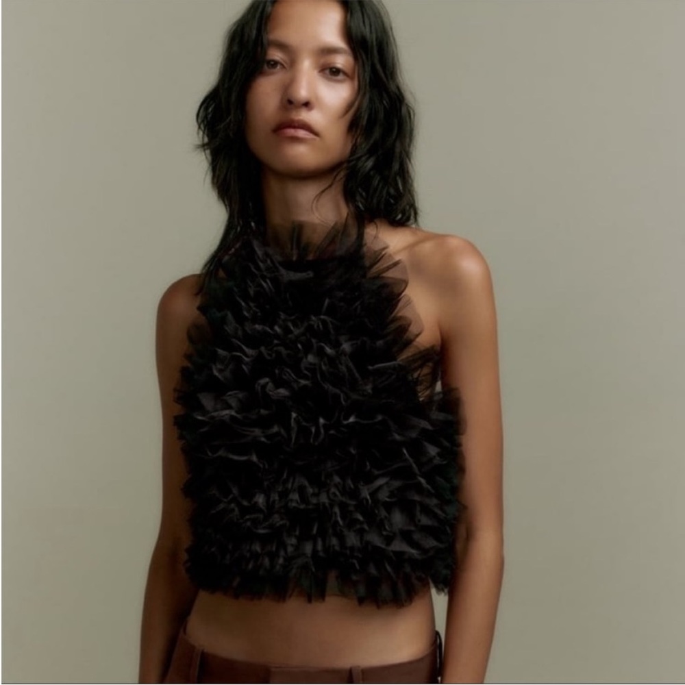 New Zara Tulle Black Halter Top